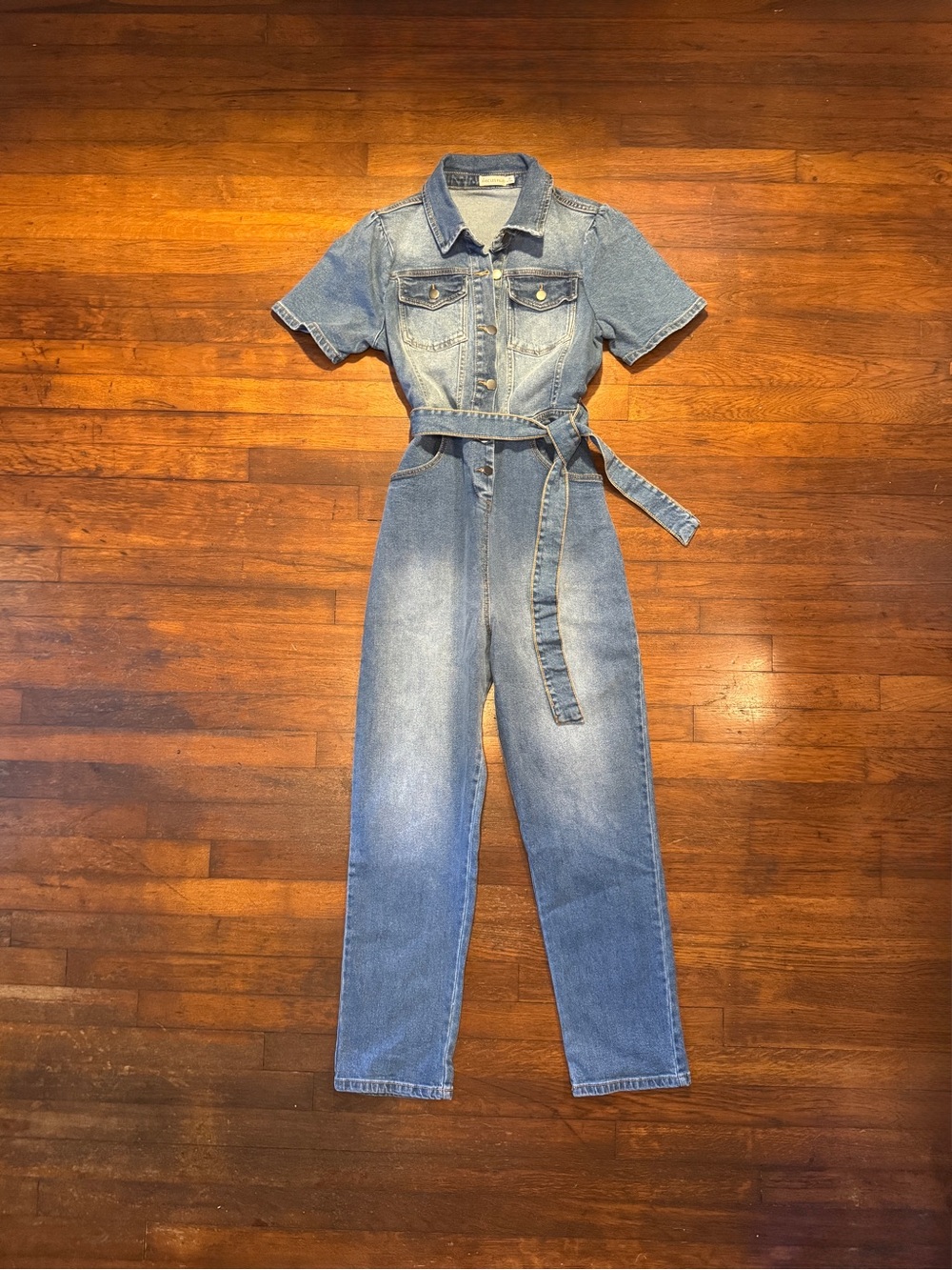 Avec Les Filles Blue Denim Short-Sleeve Jumpsuit with Tie Belt